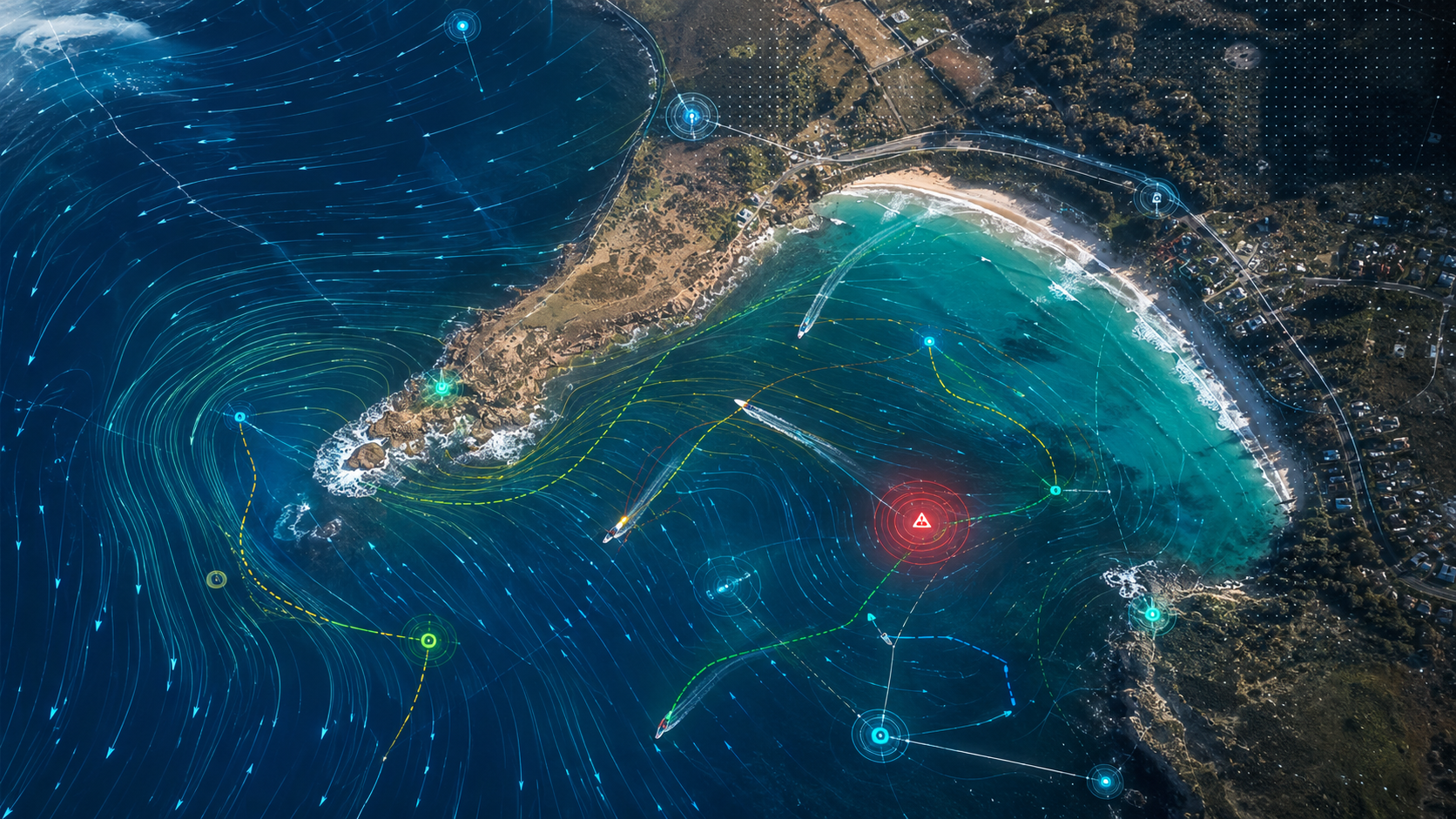 Coastal satellite map with Senlay sensor, terrain, and GPS overlays for local spot intelligence
